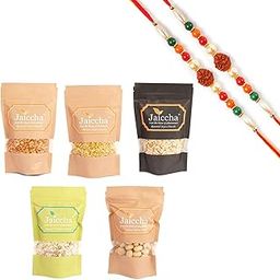 Jaiccha Ghasitaram Rakhi Gifts for Brothers - Best of 5 Oats, SOYA, Bajri, Nachini, Juwar Chiwda Namkeen Pouches with 2 Rudraksh Rakhis-image-18
