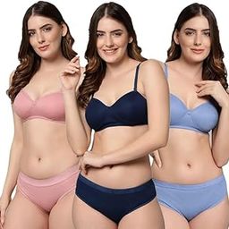Women's Cotton Lightly Padded Wire Free Bra Panty Lingerie Set Honeymoon|Everyday T Shirt Bra Panty Set for Girl's Combo Pack of 3-picture-11