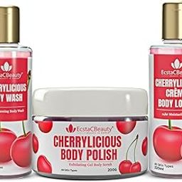 EcstaCBeauty Cherrylicious Body Care Set | Deep Cleansing Body Wash, Exfoliating Body Scrub & Moisturizing Body Lotion | Infused with Cherry Extracts for Soft & Radiant Skin | All Skin Types 640GM-picture-29