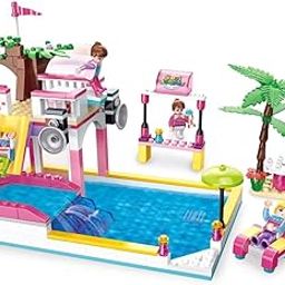 Jo Baby Dream Girls Friends Summer Pool Party Building Sets with Diving Platform Slides Juice Bar Sun Lounger Palm Tree Summer Fun Water Park Pool Building Blocks Gift for Kids Aged 6-12 (302 PCS)-2