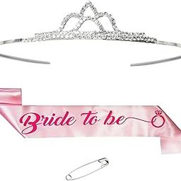 Decofy Bride to Be Pink Sash With Rhinstone Tiara Crown Set & Pin for Beautiful Bride Spinsters Party Bachloratte Party - Bride to Be Decoration Set-image-26