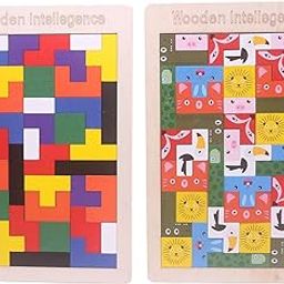 SHINETOY 2 in 1 Tetris Wooden Animal Russian Puzzle Blocks Jigsaw Intelligence Brain Teasers Toy Logic Game Colorful 3D Russian Blocks Game-0