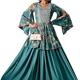 madhuram textiles Vatican Print Peplum Round Neck Embroidered Long Gown(M-2551 Till Green and Pink)-picture-2