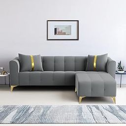 Adorn India Premium Mystic - 3 Years Warranty - L Shape 4 Seater Sofa Set Velvet Suede Fabric - Grey-picture-3
