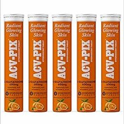 ACV-PIX L-GLUTATHIONE 600mg HYALURONIC ACID WITH VITAMIN C/E/A EFFERVESCENT TABLET FOR SKIN WHITENING SKIN GLOWING & HYDRATED SKIN. ORANGE FLAVOUR-75 TABLET FOR MAN & WOMAN Pack of - 5-0