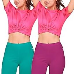Flexy Women's Premium Shaping Tights – Cotton Elastane Blend, High Rise Design with Soft Bio-Washed Finish and Comfort Fit (90 CM | Size L) - Green + Pink (Pack of 2)-image-68