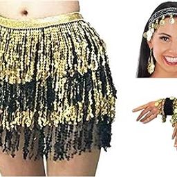 Vritraz Women's Chiffon Belly Dance Hip Scarf Waistband Belt Skirt with Ringy Golden Coins (Pack of 3)-image-19