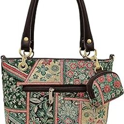 Women's Handbag – Floral Patchwork Design | Green & Red Pattern | Brown Handles | Gold-Tone Hardware-1