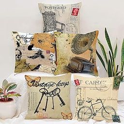 STITCHNEST Vintage Printed Jute Cushion Cover, Set of 5 (12 X 12 Inches)-image-78