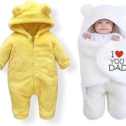 NAMAN Hooded Baby Blanket for Mild Winter + Baby Romper for Boys & Girls (0–6 Months) – Pack of 2Pc Yellow&White-image-70