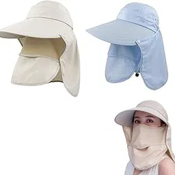 gustave 2pcs Women Sun Hat for Women Wide Brim UV Protection Fishing Hat Foldable Ponytail Summer Hats with Detachable Flaps (Khaki)-picture-2