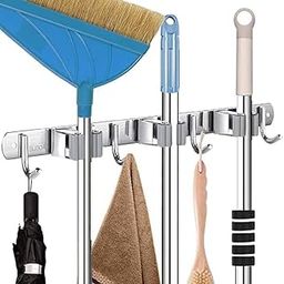 DRIVIJI Broom Mop Holder Wall Mount Stainless Steel Tool Hanger Storage Organizer For Home, Kitchen, Garage, Garden, Laundry Room, Bathroom and Closet Shelves (3 Rack 4 Hook)-picture-14