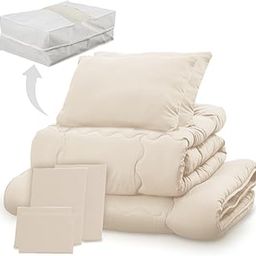 Iris Plaza 9-Piece Ready-to-Use Comforter Set, Double, Antibacterial, Odor Resistant, With Neat Storage Case, Moist Smooth Peach Skin Processing (Comforter, Futon, Pillow, With Each Cover), Ivory-1