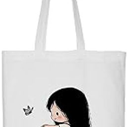 Reusable Zipper Tote Bag for Women/Girls | Multipurpose 100% Organic Cotton Printed Tote Bags | Shopping/Grocery Bags | Sturdy Canvas Bag with 12kgs Capacity (Batterfly Cartoon Girl Print)-image-17