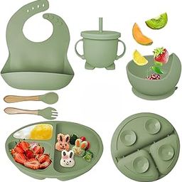 TRIVYOM Baby Feeding Set, 6 Pcs, BPA-Free Baby & Toddler Feeding Kit with, Suction Plates & Bowls Set, Self-Feeding Baby Spoons, Toddler Plates for Baby Utensils 6-12 Months,Tableware Set (Green)-image-85