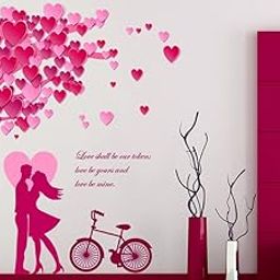 Decals Design 'Romantic Couple Under The Heart Leaves Tree and Love Quote with Bicycle' Wall Sticker (PVC Vinyl, 90 cm x 60 cm, Multicolour)-image-109