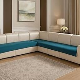 KINGLY Velvet Quilted L-Shape 5 Seater (3+2) Universal Sofa Protector – Premium Non-Slip Fit, Machine Washable Couch Mat for L-Shaped Sofa Set in Living Room (Green Blue, 2pc Set – 23x27 & 69x27)-image-1