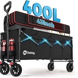 Sekey 52'' Extended Collapsible Wagon 400L Large Capacity, 440LBS Heavy Duty Folding Utility Garden Cart with Big All-Terrain Wheels & Drink Holders for Camping, Sports, Beach.Black-picture-22