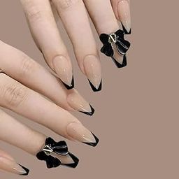 Set of 24 Artificial Reusable Nails In Black Tips With Bow Design With Glue (Maroon, Long)-5