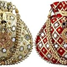 Velvet gold maroon Wristlets Ethnic Potli For Women | Designer Rajasthani Zari Work Bridal Potli Pack of 2-image-42