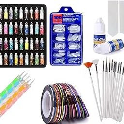 Nail Art Kit -48 Pcs Glass Bottles Glitter Stones Sparkling Powder Dust 100 Nails 10 Nail Tapes 15 Nail Art brush 5 Nail Dotting Pen, 2 Glue And 1 French Manicure Nail Art Tip Sticker (multi)-image-10