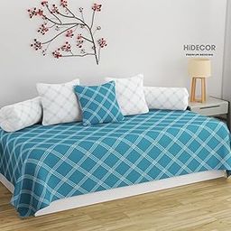HIDECOR Super Soft Cotton Geometrical diwan Set for Living Room, diwan Set Covers Cotton, diwan Set 6 Pieces One Single Bedsheet with 3 Cushion Cover,2 Bolster (Blue)-image-54