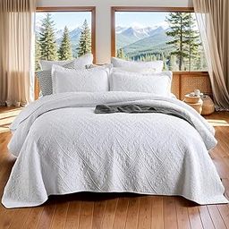 Brandream White Quilts Cotton Queen Size Quilt Set Luxury Matelasse Coverlet Set Quilted Comforter Set 3-Piece-image-1