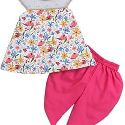 Girls' Floral Printed Kurta with Gota Embellished Neckline and Pink Dhoti Set, Multicolour-image-3