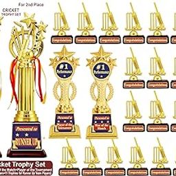 Aark India 26 Pcs Cricket Trophies Full Set for 1st and 2nd Place+Man of The Match+Player of The Tournament+ 22 Trophies for Winner and Runner up Team Players Award (PC002005)-image-16