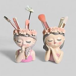 Resin Flowerpot Plant Pot Planter Container, Combo Pack of 2, Pink Girl Set, for Home, Garden, Office, Desktop Decoration-49