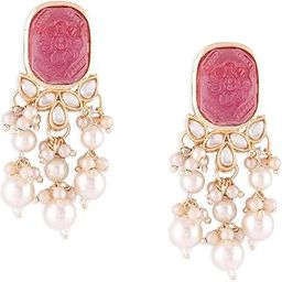 Wine Color Stone Kundan Pearls Layer Yellow Gold Drop Earring For Women-ZPFK15441-image-37