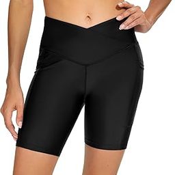 Swimming Swimwear Swim Shorts Women Tummy Control Long Board Shorts Bathing Suit Shorts Cross High Waisted Swimsuit Bottoms, Black, X-Large-image-99