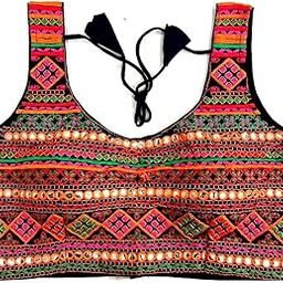 Women's Heavy Silk Embridery Work Multicolor Thread Navratri Special Kuttchi Work Sleeveless Blouse for Lehenga and Saree Black Free Size-image-47