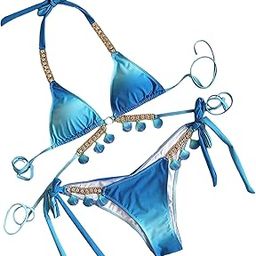 Women Bikini Set Diamond Shell Chain Triangle Top Swimsuit Swimwear Blue S-image-90