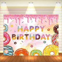 Party Baazaar Donuts Theme Backdrop | Birthday Backdrop for Decoration | Girls Theme Birthday Decoration | Happy Birthday Decoration Backdrop Cloth Curtain (Pack of 1, Size: 5x4 Feet)-29