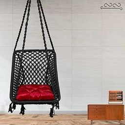 Patiofy Rectangle Shape Swing Chair with Back Support/Cotton Swing for Adults/Wooden Swing for Balcony/Swing for Home/Jhula for Adults/Jhoola/Hammock Hanging Swing/Includes Red Cushion-Black-4
