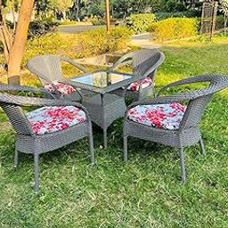 TERRALUXE Designer 4 Chair 1 Table for Garden|| Balcony|| Terrace|| Coffee|| Patio ||Wicker Seating Chair and Table Set Outdoor Furniture (D-8 Black STR with Printed Cushion, 4 Chair 1 Table)-image-69