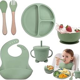 SHIKSHA PATRI 6PCS Silicone Baby Feeding Set – Suction Plate, Bowl, Bib, Spoon, Fork, Cup – BPA-Free, Non-Toxic, Microwave & Dishwasher Safe for Toddlers 6+ Months (Green)-19