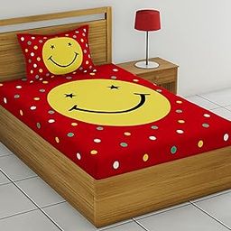 Mandakini Kids Single Bed Sheet Set with Pillow Cover, Smiley Face Design, Polka Dots Pattern (Red)-image-12