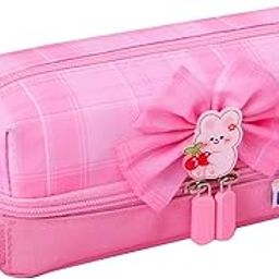 WireScorts Two Layer Pencil Pouch with Flower Shape Cute Patch for School Girls and Boys, Cute Aesthetic Pencil Pouch for Girls, Large Capacity Stationary Pencil Box for Kids Gifts - Pink-42