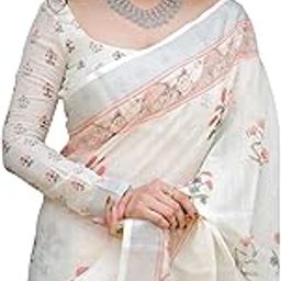 Women Linen White Floral Print Handloom Saree, Full Length 5.5 Metres, Peach Border with Attached Blouse-image-81