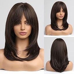 MISS LIRENN® Women’s Shoulder Length Hair Wigs With Bangs, 22 Inches Long Wigs for Women, Natural Looking Synthetic Wigs, Brown + 02 Wig Cap Free (Dark Brown)-image-99