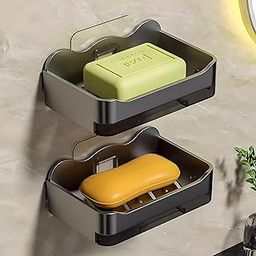 MIORAH Self Adhseive Bathroom Soap Holder with Drainage Tray Wall Mounted Soap Sponge Holder Organizer Accessories Black Pack of 2-image-42