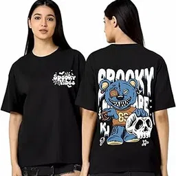 uniplanet store Cotton 3/4 Sleeve Women Oversized Black T-Shirt, Spooky Vibes Girl Oversized Back Printed T Shirt-picture-0