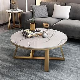 CREATIVE SKILLS Double-Layer Marble-Look Coffee Table with Metal Storage in The Round Shape That is Perfect for a Living Room (Gold & White Tx)-image-71