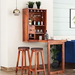 SARARTH Furniture Solid Wood Bar Cabinet with Folding Dining Table for Home | Wall Hanging Design Mini Bar & Table for Living Room, Brown (Natural)-6