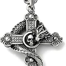 ‘The Alpha Code’ Collection Stainless Steel Antique Silver Finish 'Cruciviper' Viper Curled On Cross Hip-Hop Big Pendant Necklace With Wheat Chain For Men And Boys (NK1404) 1 Pc-image-10