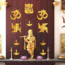 Small Ganesha Combo 2 Om 2 Swastik 5 Diya Decorative Acrylic Mirror Stickers for Wall, (Golden)-image-34