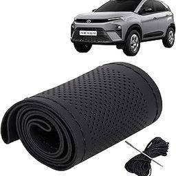 KINGSWAY® Car Steering Wheel Cover Sewable Compatible with Tata Nexon (Year 2023 Onwards), Top-Notch PU Leatherite, Black Color with Black Thread, Pack of 1 with Sewing Needle and Thread-18