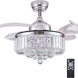 Ceiling Fan 36 Inch with Lights, Dimmable Retractable Pendant Ceiling Fan, Crystal Ceiling Fan Fandelier with Remote LED for Bedroom Living Room, Chrome-picture-10